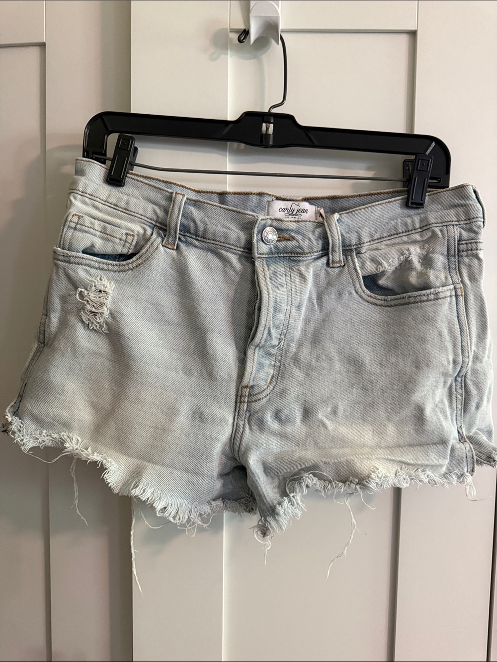 Carly Jean Los Angeles Light Blue Distressed Denim Shorts